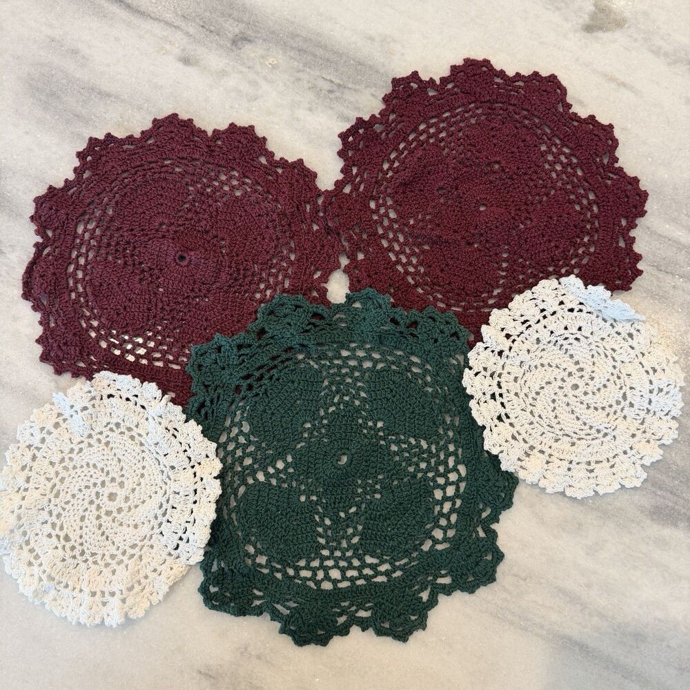 Lot of 5 Vintage Crochet Doilies Christmas Red White Green Round Lace Handmade